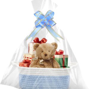 Empty Gift Basket, 30 x 20 x 12 cm, Braided Basket with Gift Bags and Ribbons, Empty Gift Basket for Christmas, Birthday, Wedding, Storage Basket, Decorative Basket (Blue)