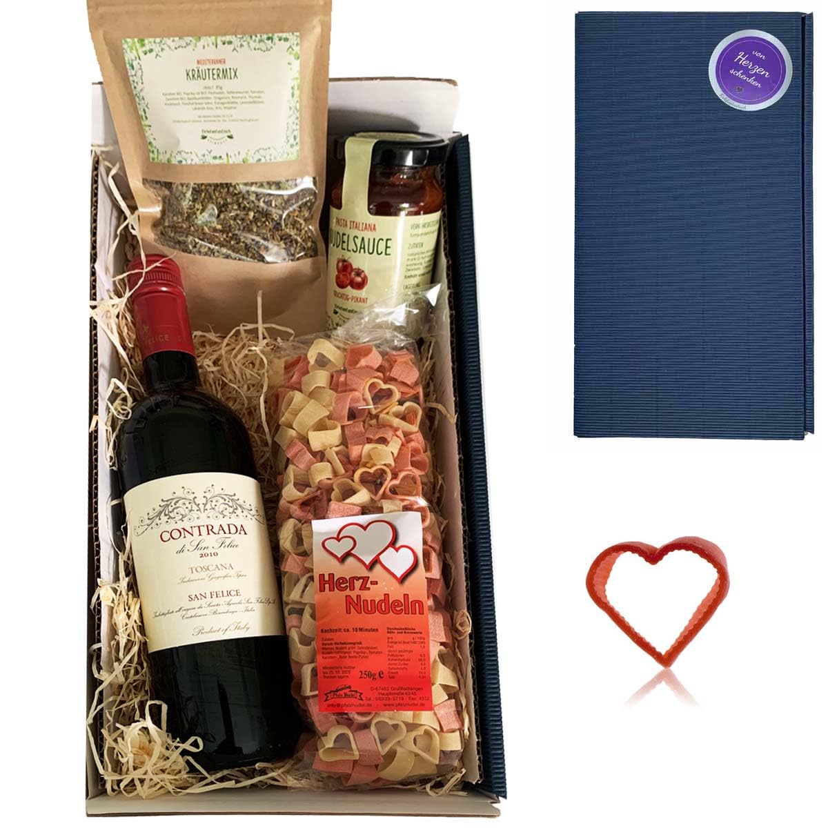 Gift Set "Herzliche überraschung" // Delicatessen Gift Heart with Heart Pasta, Wine, Pasta Sauce and Herbs