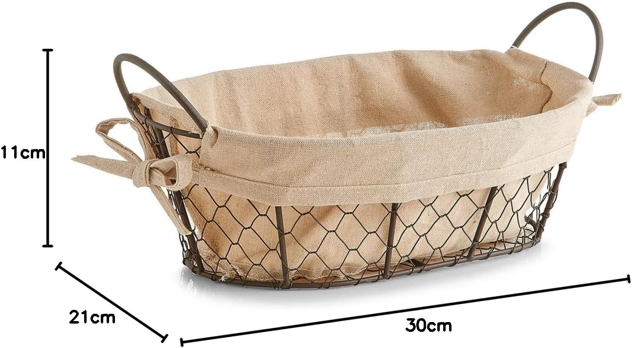 '"Country Style – 30 x 21 x 11 cm Wire and Linen Bread Basket with Handles – Bild 3