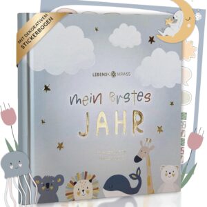 Lebenskompass Baby Album My First Year „Air“ with Over 75 Stickers and Saying Card Extra – A Baby Book to Enter – The Baby Diary and Memory Book for Girls and Boys