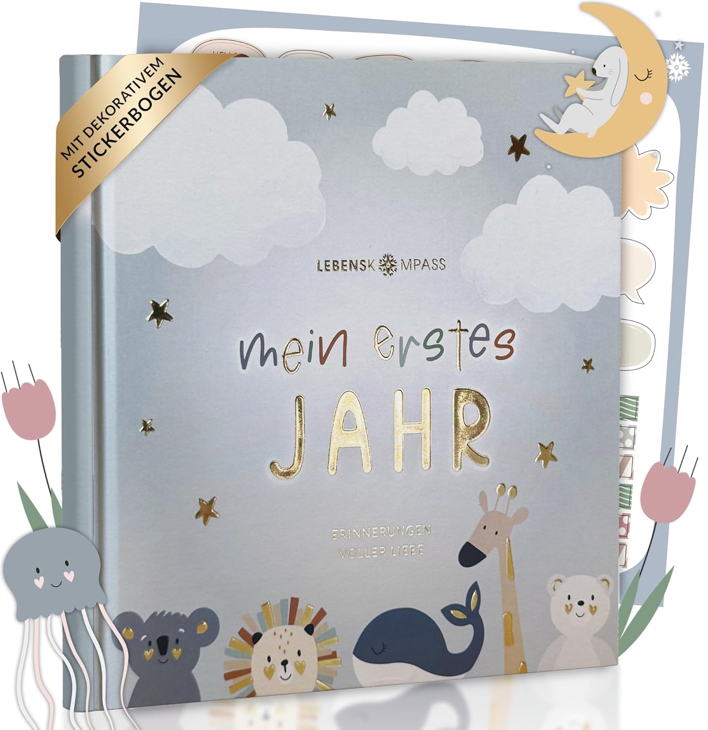 Lebenskompass Baby Album My First Year "Air" with Over 75 Stickers and Saying Card Extra - A Baby Book to Enter - The Baby Diary and Memory Book for Girls and Boys