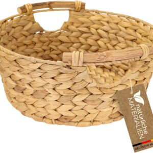 HMF Storage Basket Round Gift Basket Empty Braided Water Hyacinth with Wooden Handles 30 x 12 cm
