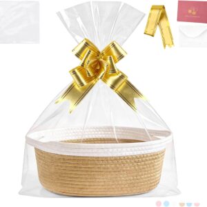 Empty Gift Basket 30 x 20 x 12 cm Gift Basket Empty Khaki White Gift Basket for Gifts with Gift Bags Ribbons Greeting Cards for DIY Gifts Birthday Wedding Christmas Thanksgiving