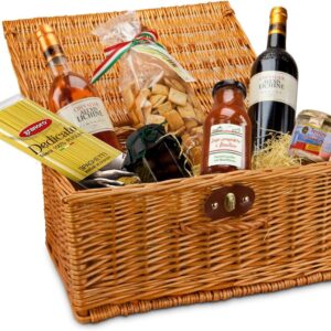 Römer Präsente Mediterranean Variety Gift Set 8 Piece Set Mediterranean Basket + Pizza Pastry Sugo Pasta Olives Terrine + 2 Bottles of Wine