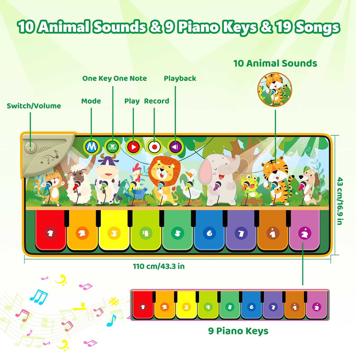 Rodzon 63301 Baby Toy from 1 Year, Music Mat Children 19 Songs 10 Animals, Children's Toy from 1 2 3 Years Piano Mat Gift Girls Boys Christmas Birthday – Bild 2