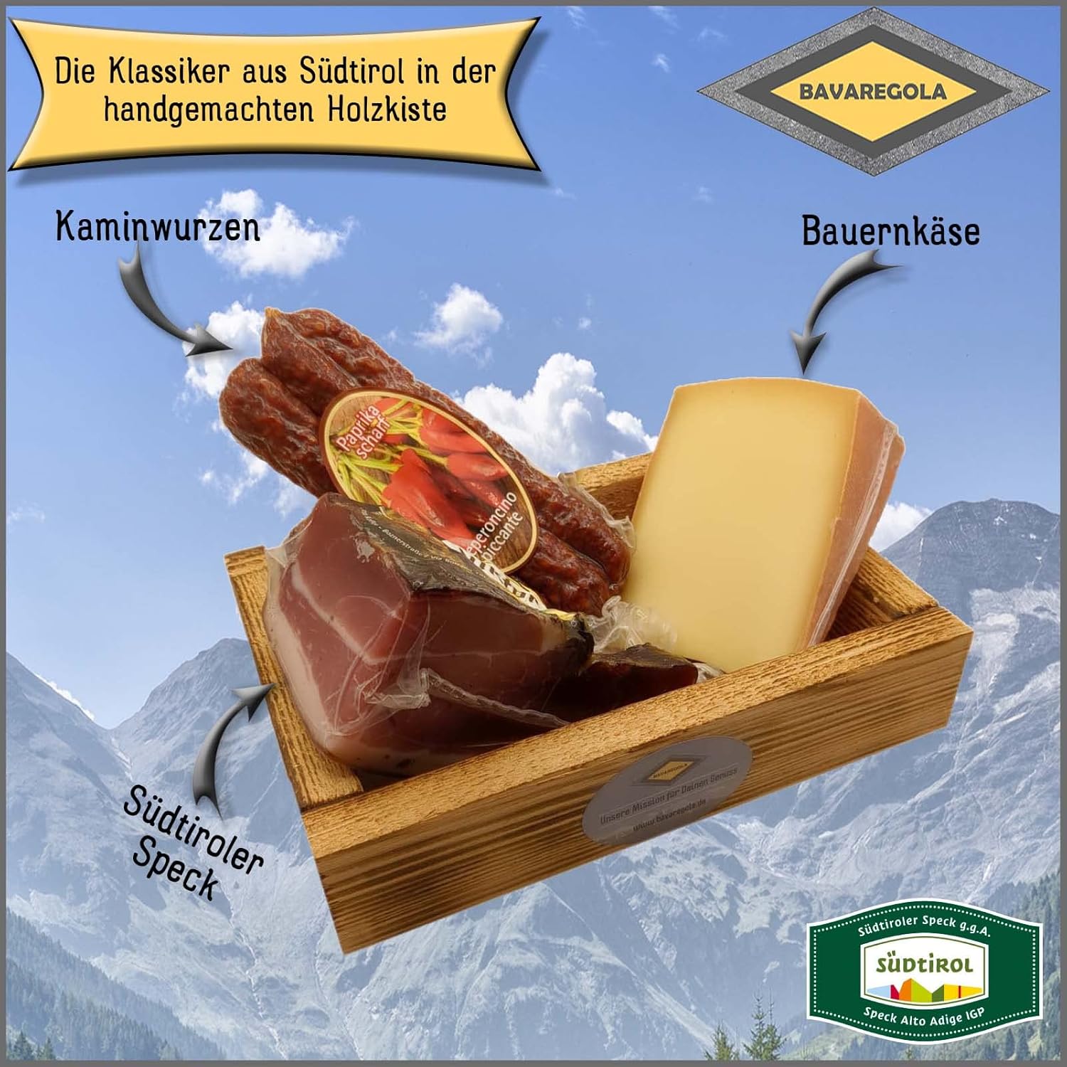 BAVAREGOLA Lunch Set - Gift Box with 3 South Tyrolean Specialities - Gift Basket Filled with Bacon, Cheese & Fireplace Roots by Viktor Kofler/Lana - Enjoyment Gift for Men and Women – Bild 2