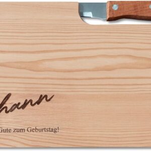 LOOXIS Breakfast Board [German Language] with Knife, Name and Text Engraved, Gift Idea for Birthday, Father’s Day, Mother’s Day, Women and Men, Alder Wood, Snack Board, Customisable, 26 x 15 cm