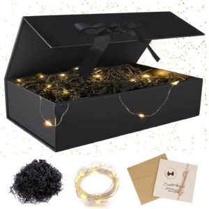 Gift Box with Lid, Gift Box with Bows, Foldable Gift Boxes, Gift Box with Magnetic, Greeting Cards, Raffia Hamper Shreds, LED Fairy Lights, for Wedding, Birthday, Christmas