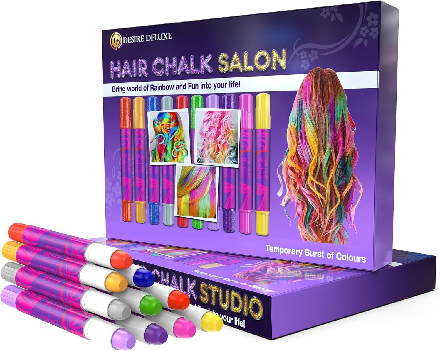 Desire Deluxe Hair Chalk Gifts for Girls, for Hair Dyeing Toy for Christmas, 10 Washable Hair Dye Pens for Fancy Dress, for Children Aged 3 4 5 6 7 8 9 11 Years
