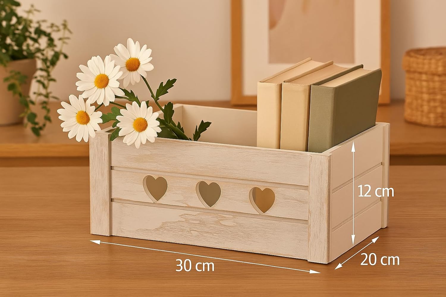 khevga Wooden Box with Heart Appliqués - Wedding Gift & Wooden Gift Box 30 x 20 x 12 cm - Whitewashed Decorative Box in Vintage Shabby Chic Style – Bild 5
