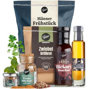 Gepp’s Feinkost Men’s Breakfast Wonder Bag, Gift Idea for Men with Organic Grill and BBQ Sauce, Whiskey, Texas Super Rub, Black Lava Salt & Grill Bread, Father’s Day Gift
