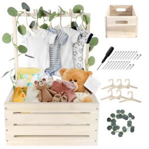 Wooden Baby Gift Basket with Handle, Children’s Hanger and Garland, Baby Storage Basket, Baby Shower Crate Cabinet, Personalised Baby Basket for Pregnant New Parents. Gift Basket-Wood-DE