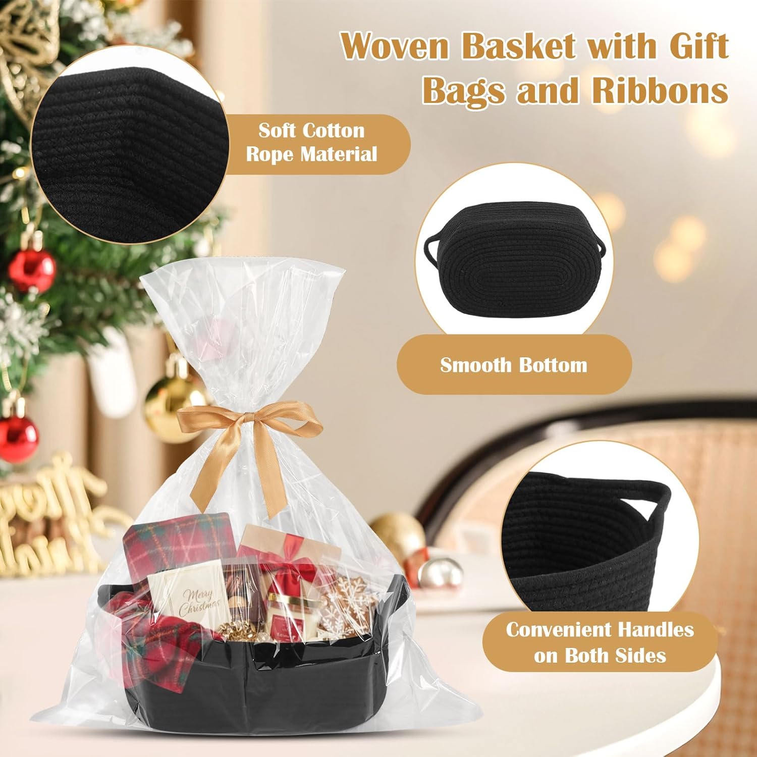 Empty Gift Basket, Cotton Organiser Storage Basket, Braided Basket with Gift Bags and Ribbons, Black Gift Basket, Empty for Wedding, Christmas, Birthday – Bild 3
