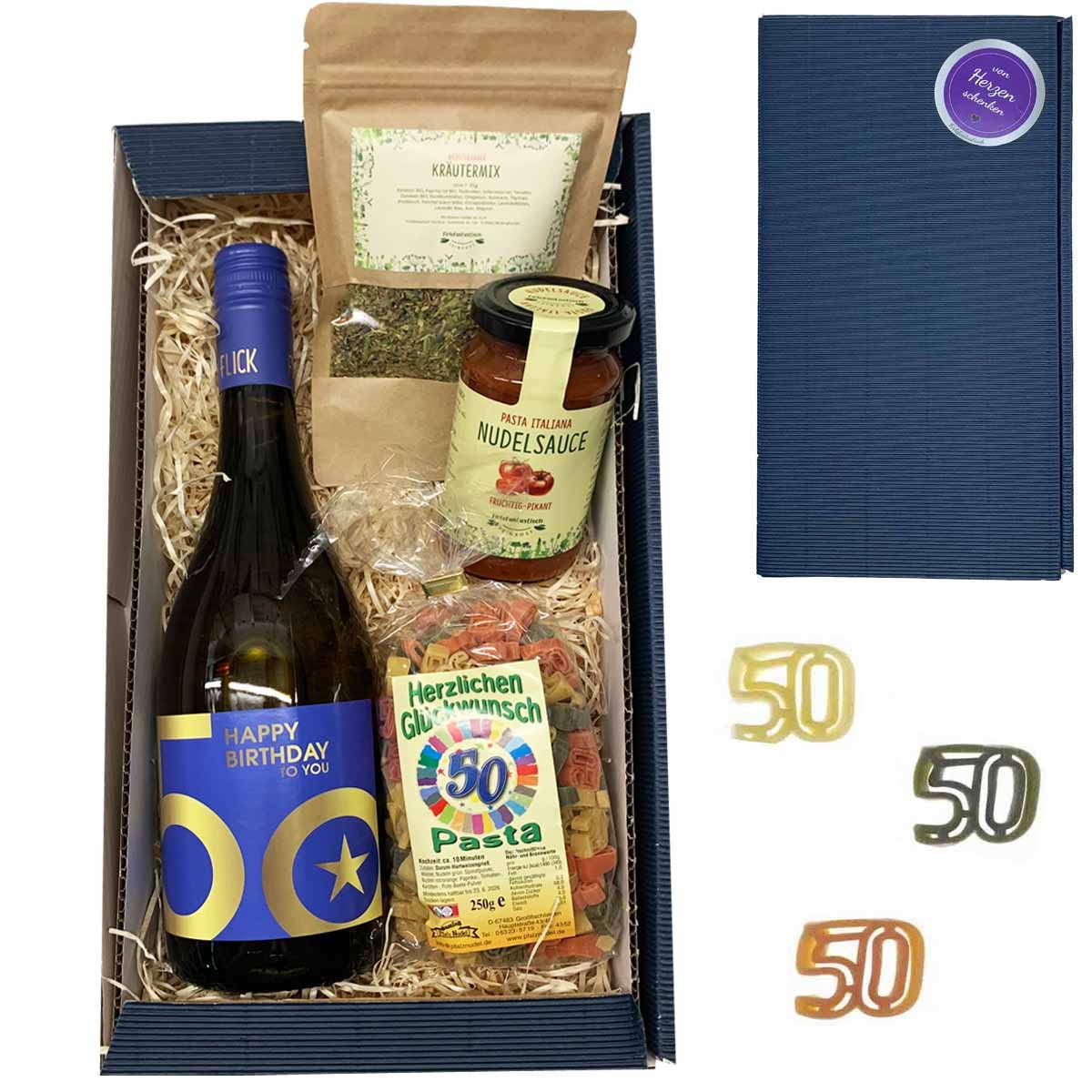 50th Birthday Gift Set // Deli Gift Set 50th Birthday with 50's Noodles, Wine with 50, Pasta Sauce and Herbs – Bild 2