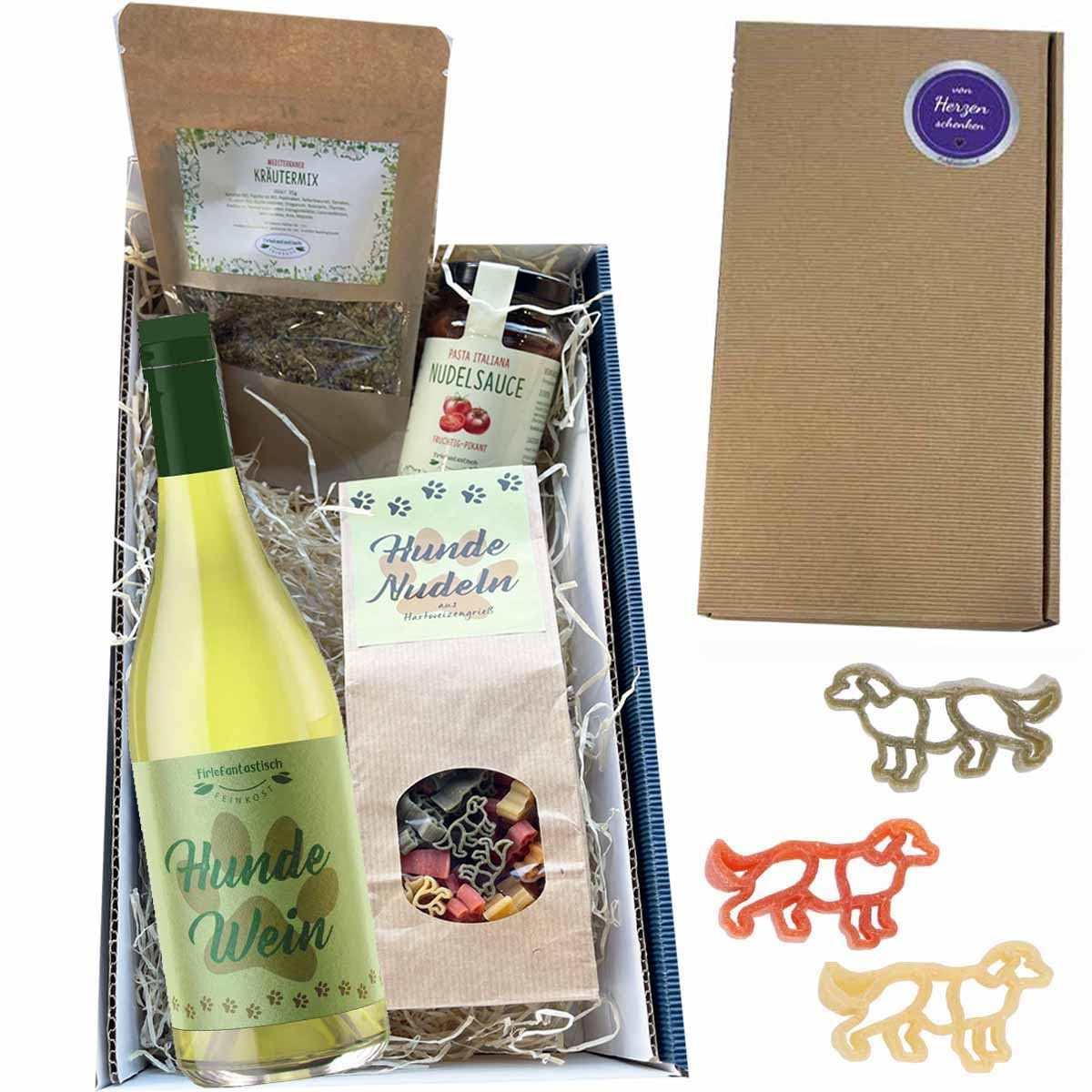 Dog Gift Set // Delicatessen Gift Dogs with Dog Pasta, Wine, Pasta Sauce and Herbs