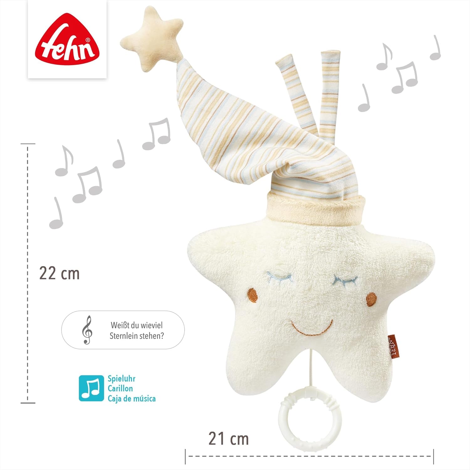 Fehn 154566 Music clock star - catch-up music box with removable playground for hanging on bed, stroller or baby bowl, for babies and toddlers from 0+ months, star, babylove, about 20cm – Bild 4