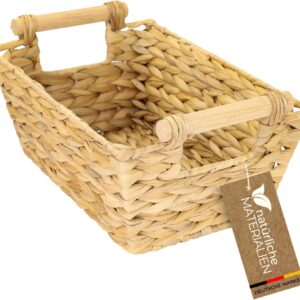 HMF Woven Water Hyacinth Storage Basket, Decorative Basket with Wooden Handles for Storage for Bathroom, Living Room, Kitchen, 30 x 20 x 12 cm, Natural