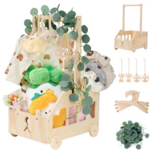 Baby Shower Gift with Handle Changing Basket with Wooden Wheels Children Wooden Wooden Box Baby Gift Basket Baby Basket Gift with Decorative Leaves Wooden Hangers and Angel Day Baby Shower Gift