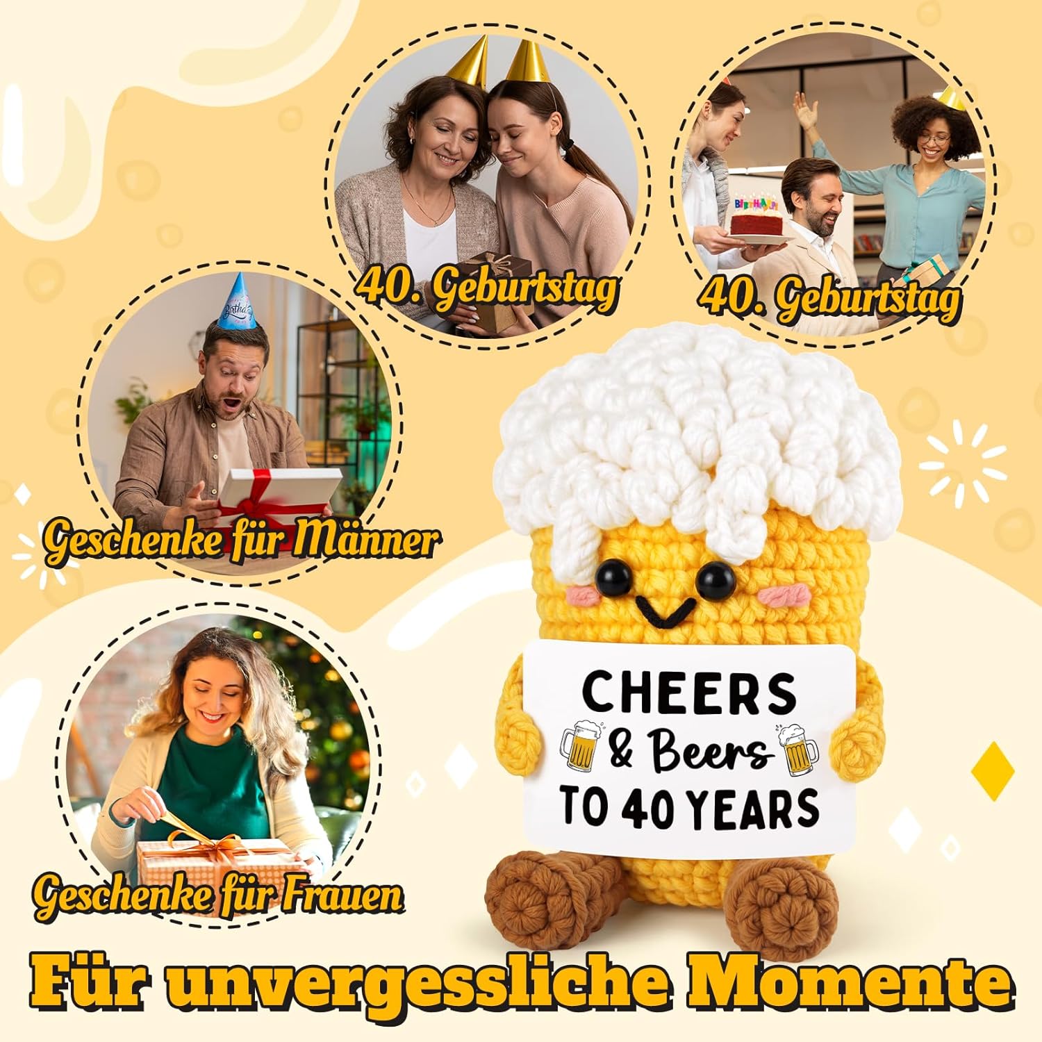 Juratar Funny 40th Birthday Gift: Beer Crochet Courage Gift for Men 40 Years Dad Husband Funny 40th Birthday Gift Idea Decoration & Lucky Charm – Bild 9