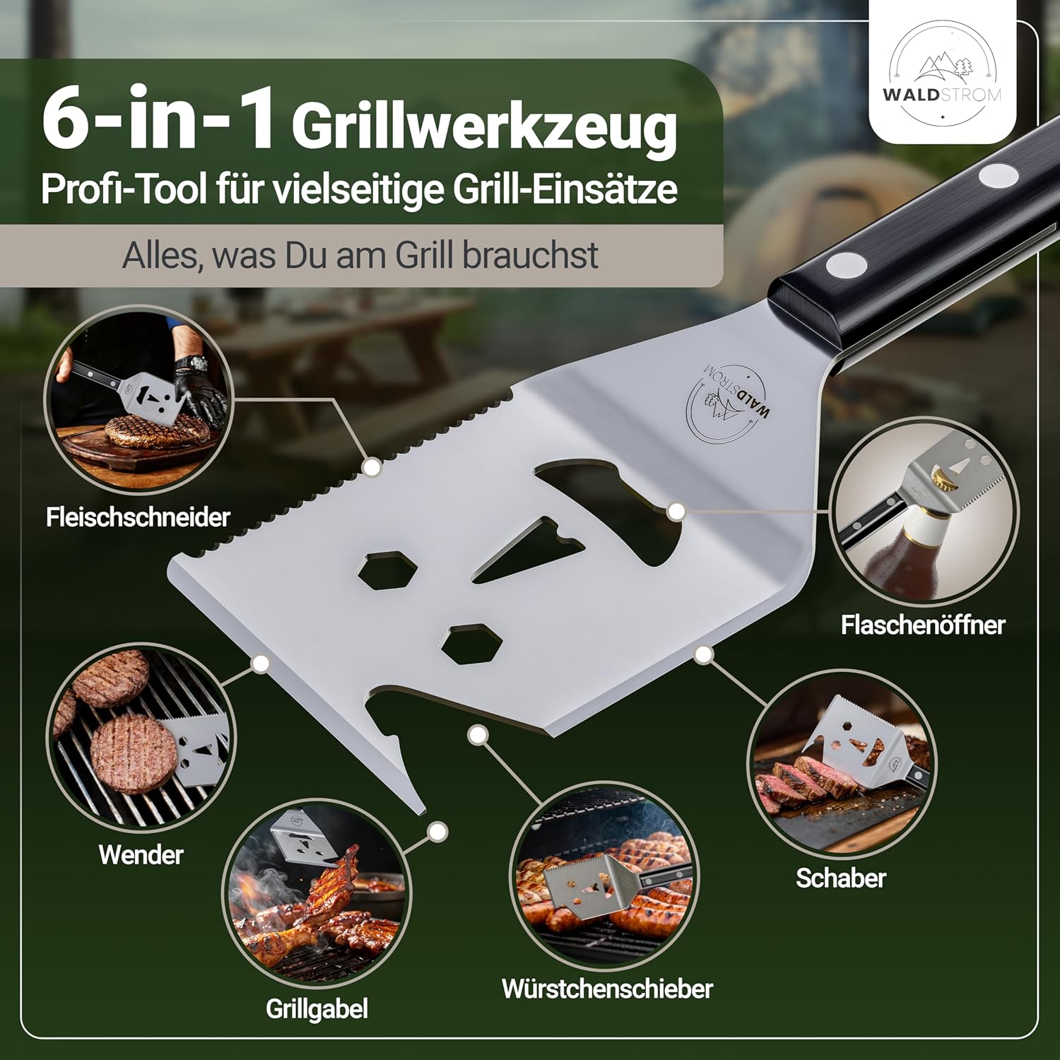 6-in-1 Barbecue Spatula Multitool I Grill Accessory Set with Grill Apron - Ideal BBQ Gift for Men I Birthday Gift for Men – Bild 3