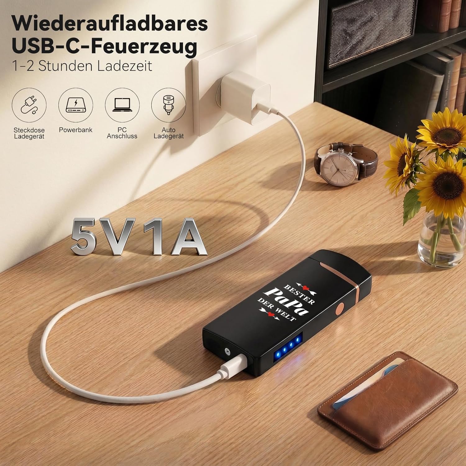 Coquimbo Father's Day Gift for Dad, Grandpa Lighter, Electric Lighter, Father's Day, Electric Arc Lighter, Windproof Lighter, USB Rechargeable with Battery Indicator, Dad Gift for Father's Day – Bild 6