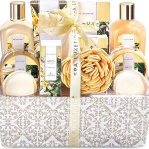 SPA LUXETIQUE Mother’s Day Gift for Women, 12-Piece Vanilla Fragrance Bath Gift Set with Bath Salt, Bath Bombs, Shower Gel, Hand Cream, Hair Turban with Button, Birthday Gift for Mum, Christmas Gift
