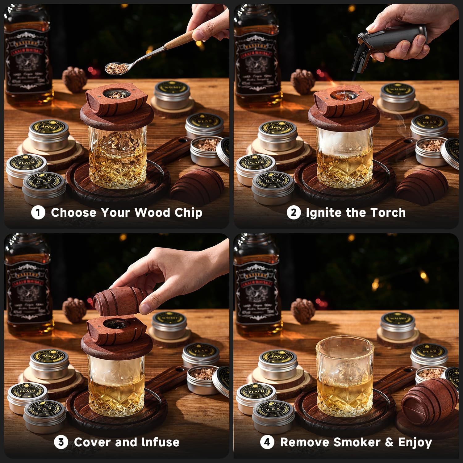 ComboJoy Whiskey Smoker Kit with Torch,6 Flavors Wood Chips, 2 Glasses, 2 Ice Ball Molds,Cocktail Smoker Infuser Kit, Old Fashioned Drink Smoker Kit, Husband , Boyfriend (Without Butan) – Bild 7