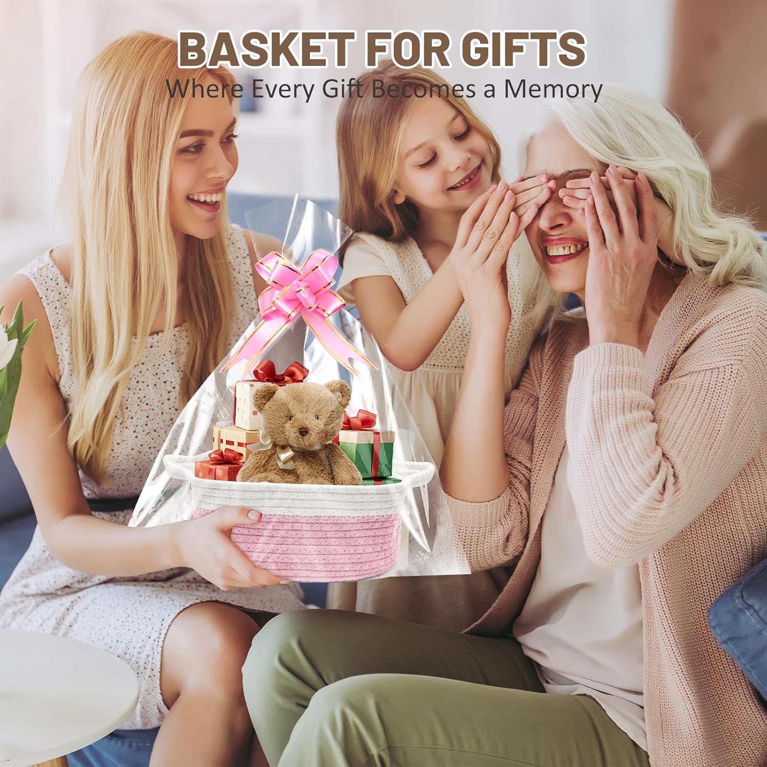Empty Gift Basket, 30 x 20 x 12 cm, Braided Basket with Gift Bags and Ribbons, Empty Gift Basket for Christmas, Birthday, Wedding, Storage Basket, Decorative Basket (Pink) – Bild 7
