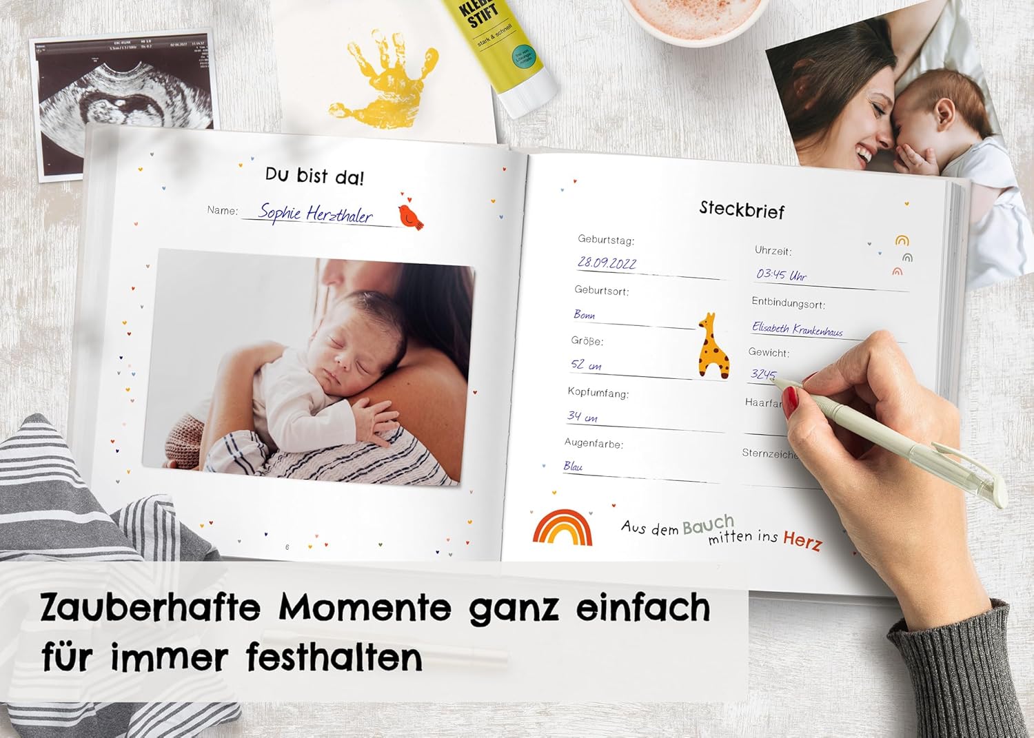 Mein erstes Jahr Baby Album – High-Quality Baby Diary with Embossing for the Most Beautiful Memories – Memory Book to Enter for the First Year of Life – Baby Gift for Birth: Boho Toy – Bild 3