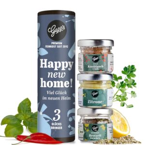 Gepp's Delicatessen Spice Gift for Housewarming, 3 Small Housewarming Gifts for Home & Apartment, Tasting Set with Lemon Salt, Garlic Chili Salt & Bread Spice I Housewarming Gift, Topping Out Party