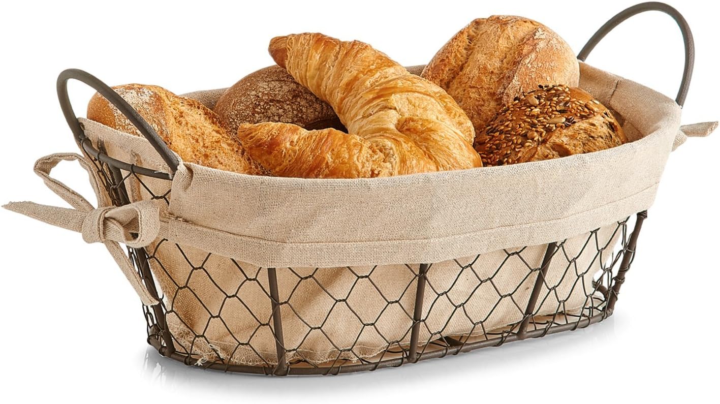 '"Country Style – 30 x 21 x 11 cm Wire and Linen Bread Basket with Handles – Bild 2