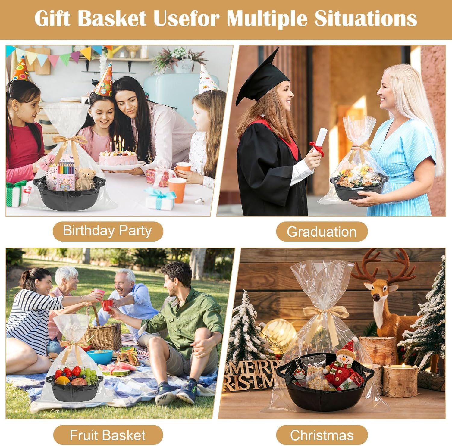Empty Gift Basket, Cotton Organiser Storage Basket, Braided Basket with Gift Bags and Ribbons, Black Gift Basket, Empty for Wedding, Christmas, Birthday – Bild 7