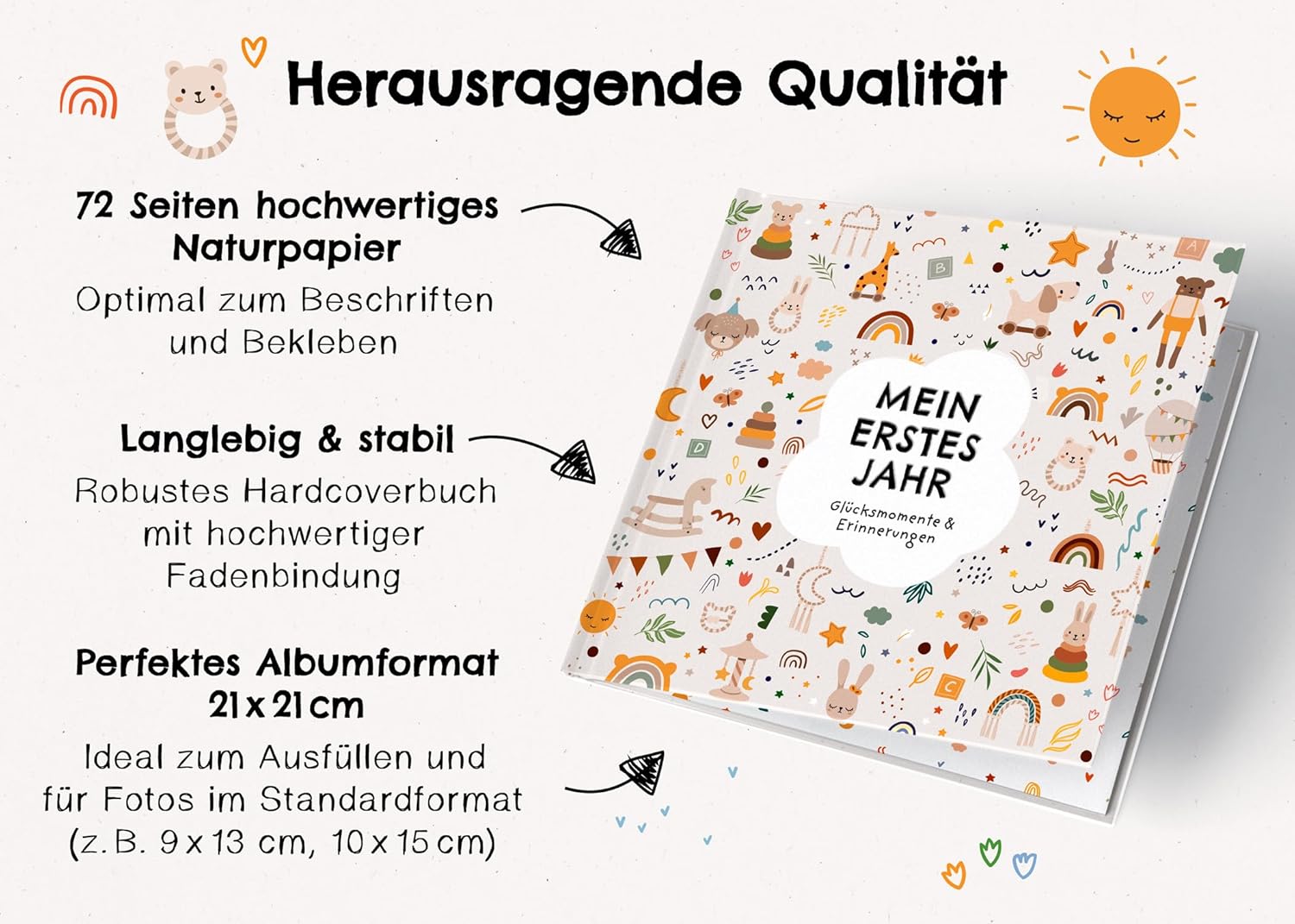 Mein erstes Jahr Baby Album – High-Quality Baby Diary with Embossing for the Most Beautiful Memories – Memory Book to Enter for the First Year of Life – Baby Gift for Birth: Boho Toy – Bild 5