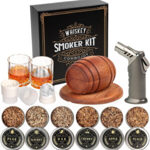 ComboJoy Whiskey Smoker Kit with Torch,6 Flavors Wood Chips, 2 Glasses, 2 Ice Ball Molds,Cocktail Smoker Infuser Kit, Old Fashioned Drink Smoker Kit, Husband , Boyfriend (Without Butan)
