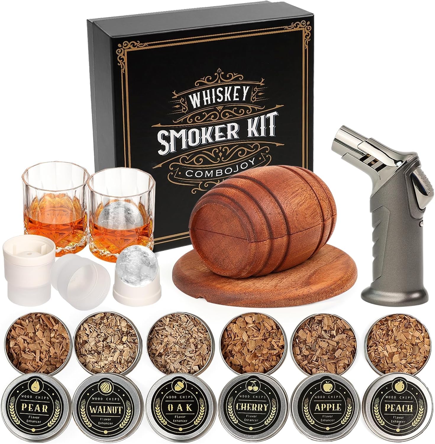 ComboJoy Whiskey Smoker Kit with Torch,6 Flavors Wood Chips, 2 Glasses, 2 Ice Ball Molds,Cocktail Smoker Infuser Kit, Old Fashioned Drink Smoker Kit, Husband , Boyfriend (Without Butan)
