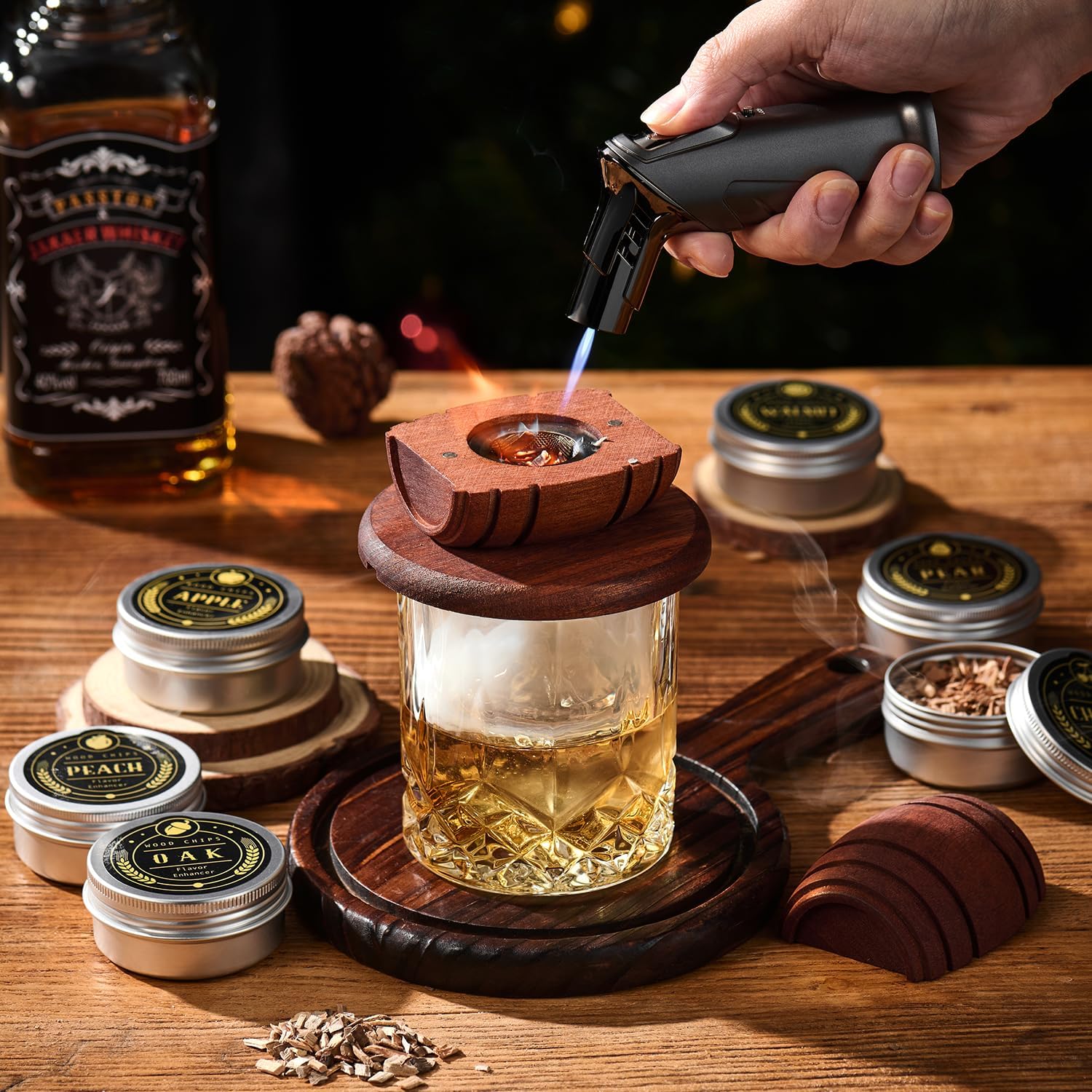 ComboJoy Whiskey Smoker Kit with Torch,6 Flavors Wood Chips, 2 Glasses, 2 Ice Ball Molds,Cocktail Smoker Infuser Kit, Old Fashioned Drink Smoker Kit, Husband , Boyfriend (Without Butan) – Bild 2