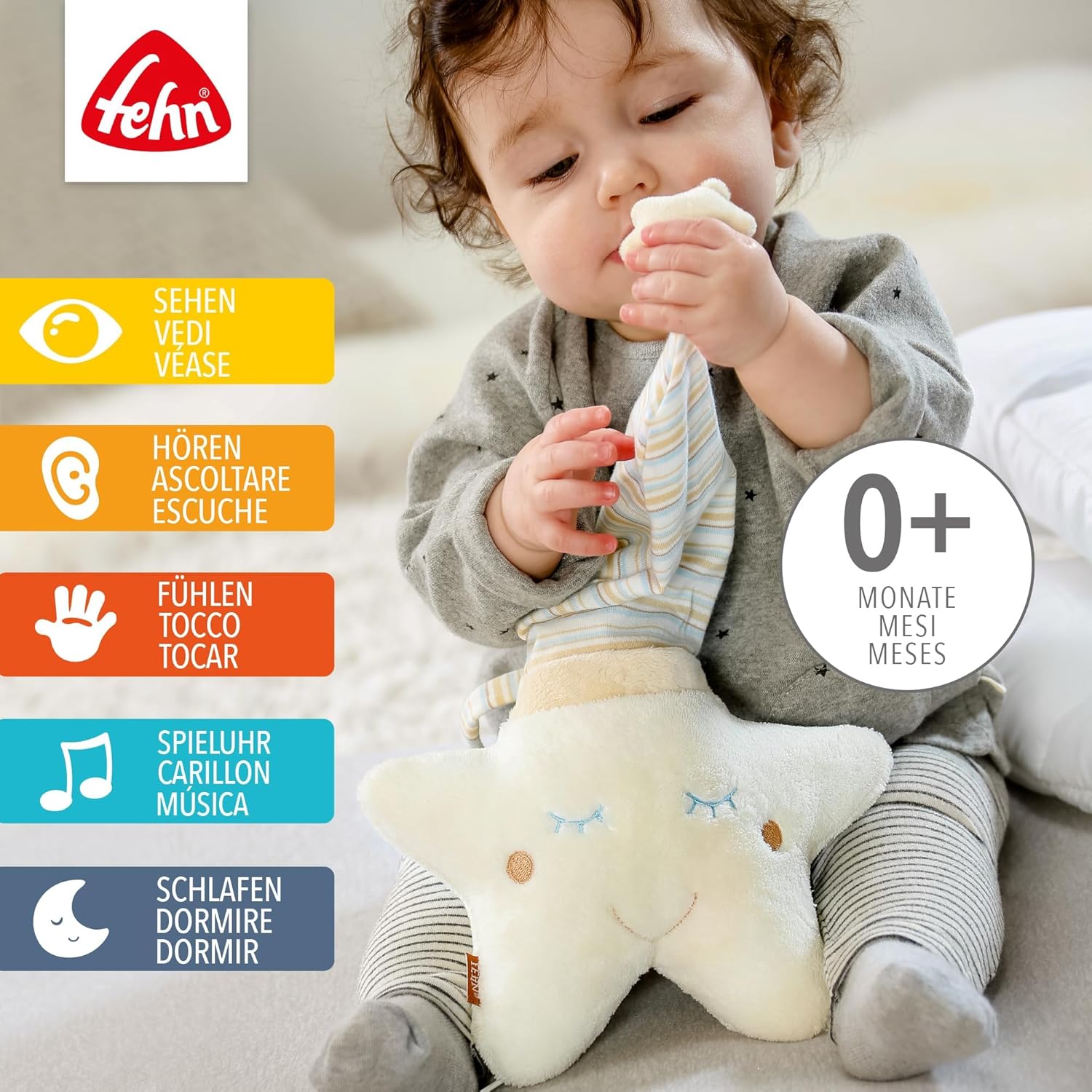 Fehn 154566 Music clock star - catch-up music box with removable playground for hanging on bed, stroller or baby bowl, for babies and toddlers from 0+ months, star, babylove, about 20cm – Bild 2