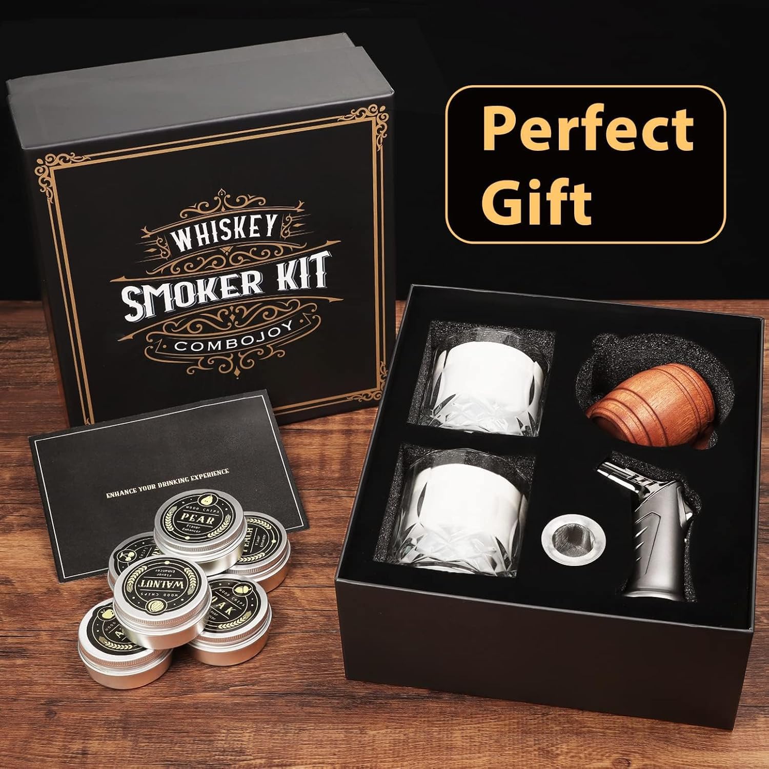 ComboJoy Whiskey Smoker Kit with Torch,6 Flavors Wood Chips, 2 Glasses, 2 Ice Ball Molds,Cocktail Smoker Infuser Kit, Old Fashioned Drink Smoker Kit, Husband , Boyfriend (Without Butan) – Bild 8