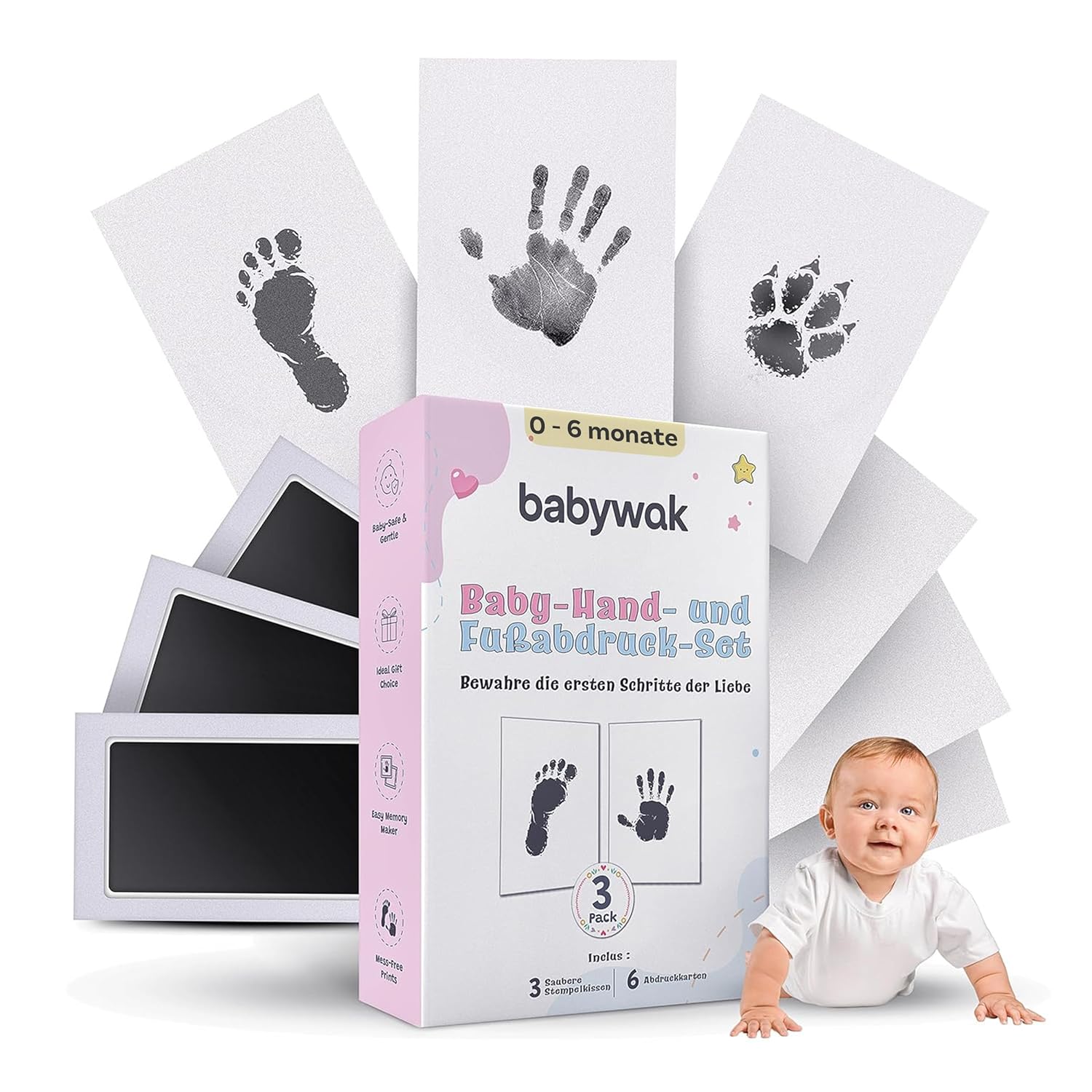 Baby-Fußabdruck-Set – Clean Touch, sicher & berührungslos – Erinnerungsstück zur Geburt, Geschenk für Babyparty, Hand- & Fußabdruck für Neugeborene (0-12 Monate)