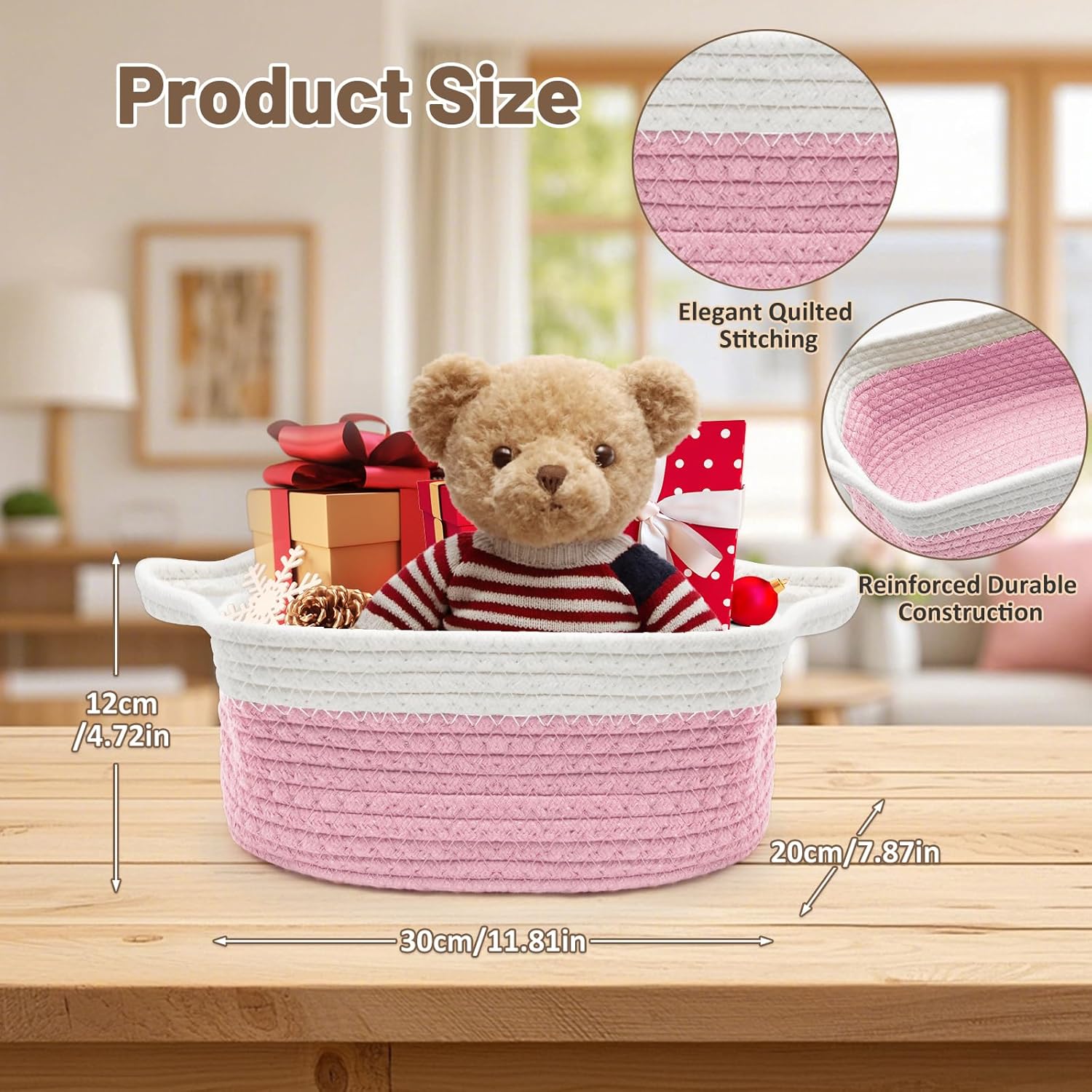 Empty Gift Basket, 30 x 20 x 12 cm, Braided Basket with Gift Bags and Ribbons, Empty Gift Basket for Christmas, Birthday, Wedding, Storage Basket, Decorative Basket (Pink) – Bild 2