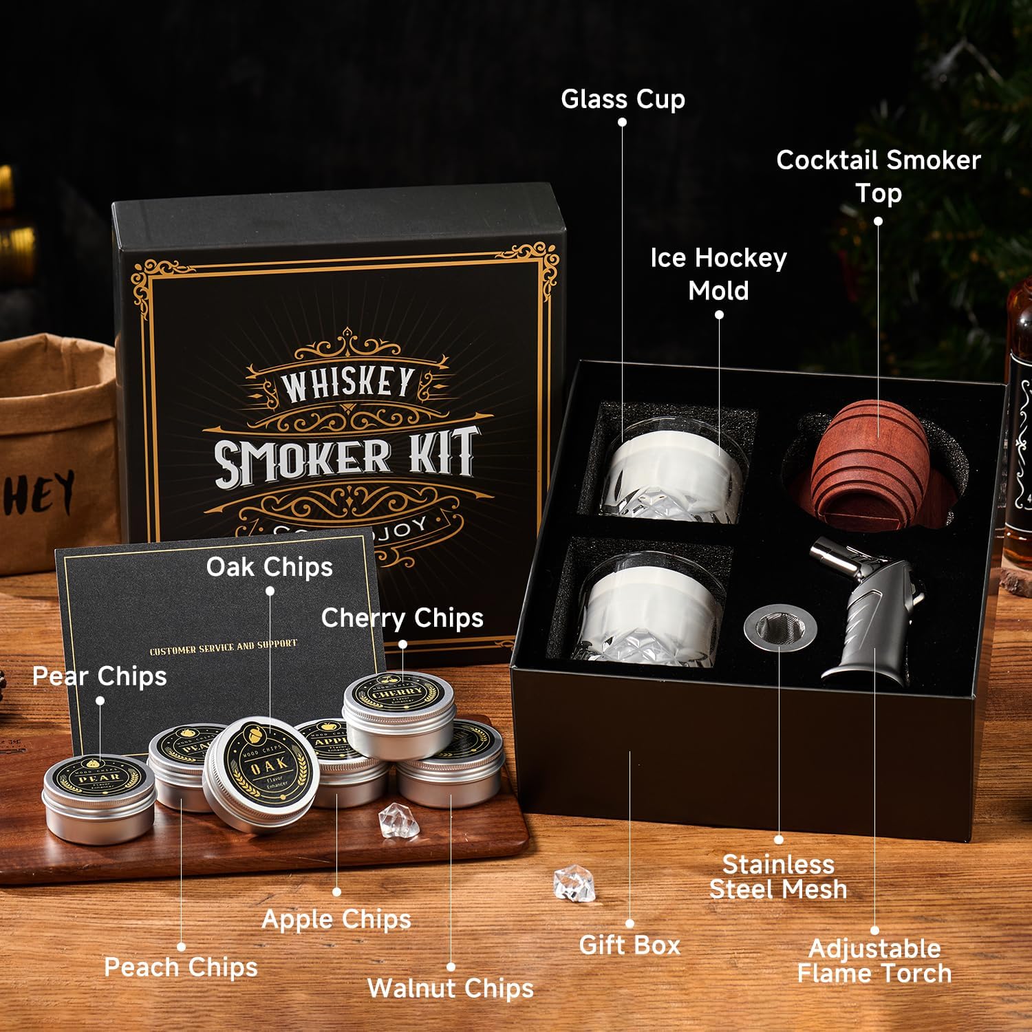 ComboJoy Whiskey Smoker Kit with Torch,6 Flavors Wood Chips, 2 Glasses, 2 Ice Ball Molds,Cocktail Smoker Infuser Kit, Old Fashioned Drink Smoker Kit, Husband , Boyfriend (Without Butan) – Bild 9