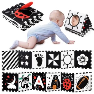 URMYWO Contrast Book Baby, Black White Double-Sided Baby Fabric Book Soft Picture Book with Mirrors, Pram Contrast Toy Baby 0 3 6 Months Gift for Babies