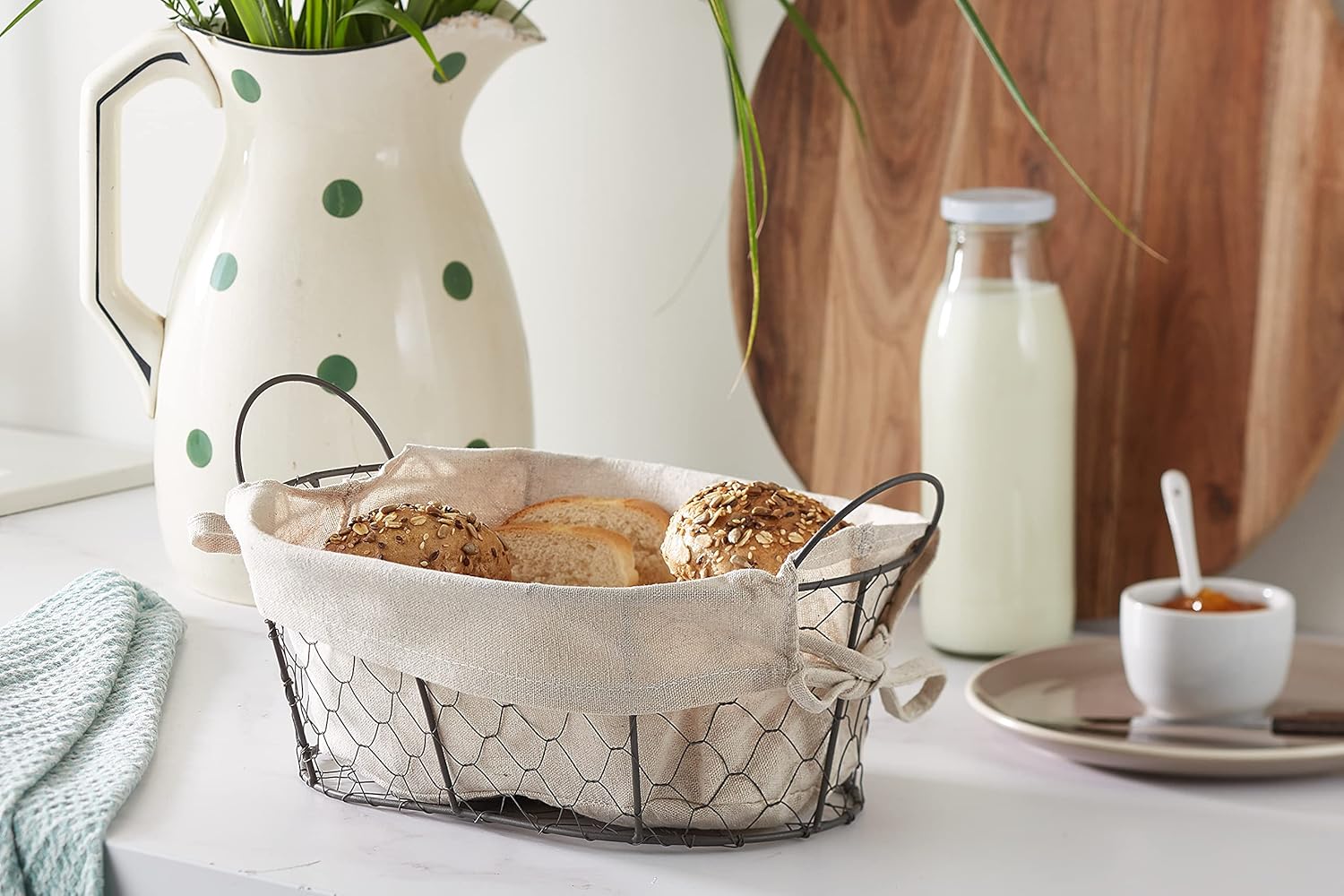 '"Country Style – 30 x 21 x 11 cm Wire and Linen Bread Basket with Handles – Bild 4