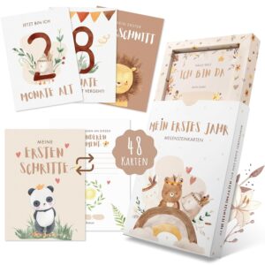 EULENTALER Baby Milestone Cards, The Original, Designed by Educators, with Hand-Painted Boho Illustrations, Monthly Cards with Writeable Backs, 48 Cards with Box „My First Year“