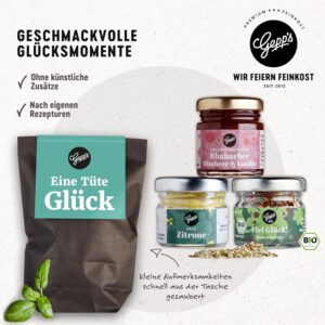 Gepp’s Feinkost Wonder Bag ‘Eine Tüte Glück’ (Bag of Happiness), Gift Set with Mini Lemon Salt, Jam and All-Rounder Spice, Good Luck Gift Idea and Lucky Charm for Exams, Gift for the Graduation Exam