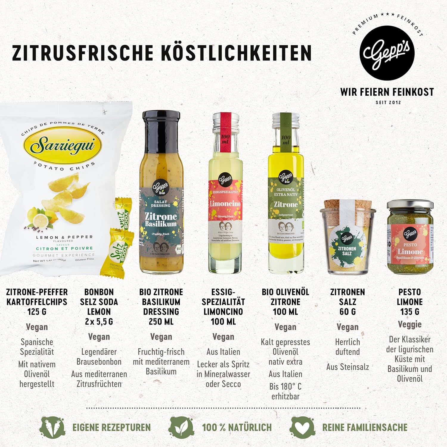 Gepp's Feinkost Lemon Gift Box I Gift Set for Men and Women I Gift Basket Filled with Delicatessen: Organic Olive Oil with Lemon, Pesto Lime and much more – Bild 2