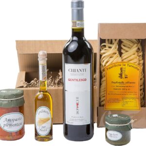 The Wine Guys Gift Set Gift Basket "Tavola Italiano" with Piedmontese Delicatessen and Chianti, Antipasti, Pesto Ligure, Seasoning Oil 75 cl