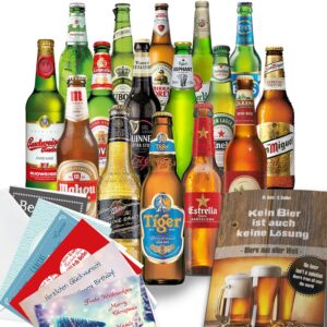 Beer of the World Gift Box - 16 International Beer Types - Beer Tasting Set for Men, Gift Idea for Birthday, Father's Day & Christmas with Gift Cards