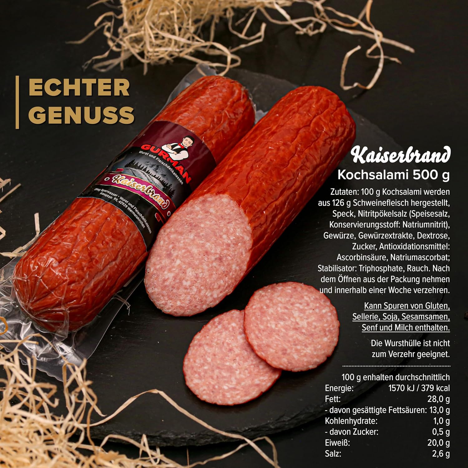 GURMAN Salami Gift Box Guest Box 800 g - Sausage Set with 2 Cooking Salami Varieties (Kaiserbrandy 500 g, Vienna Gold Piece 300 g) – Bild 4
