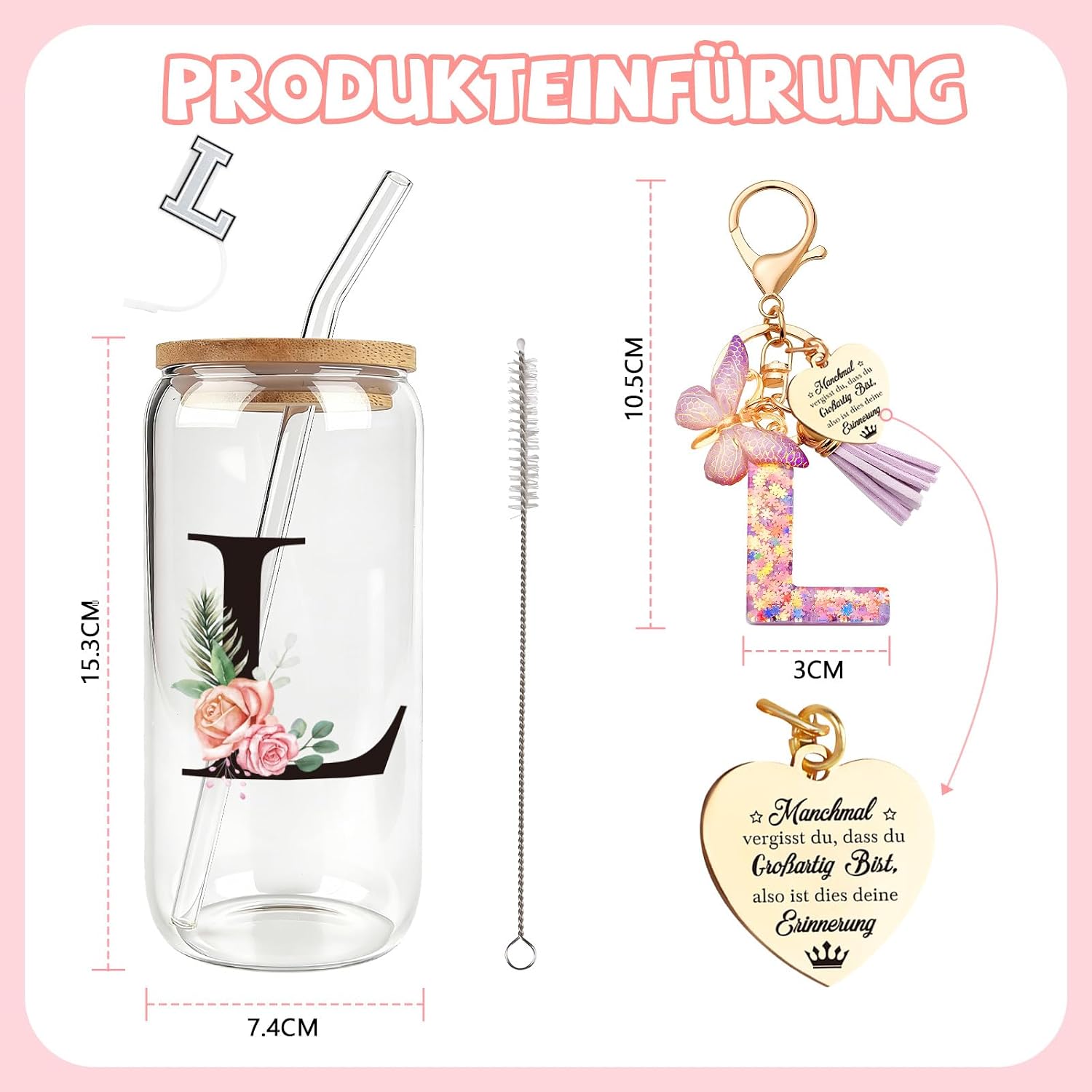 TUZELIYA M Personalised Gifts with Letters - Glass Mug with Lid & Straw + Keyring Letter, Gift for Women & Girls, Birthday, Valentine's Day – Bild 3